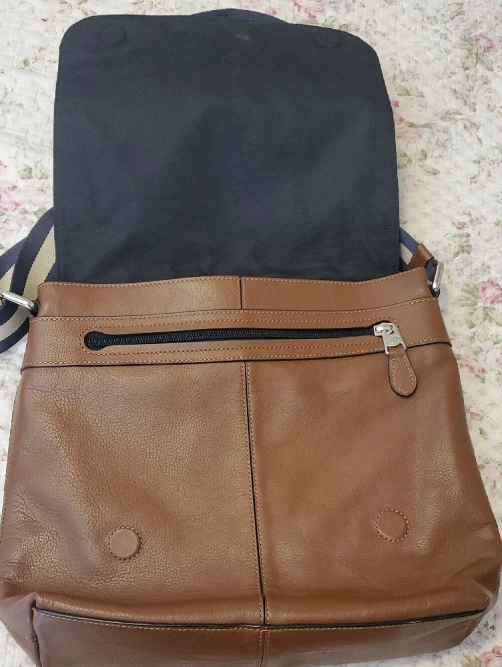 Coach Tan Leather Messenger Bag with Navy & Cream Striped Strap